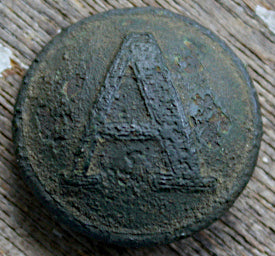 Civil War Brass A Button with a Lined A  ~  TL8348  $165
