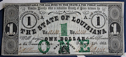 Civil War Louisiana Recycled $1 Note-Great Color ~  TL8313  $75