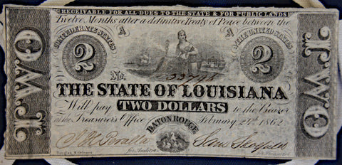 Civil War Paper Money - 1862 State Of Louisiana $2 Bill  ~  TL8295  $70