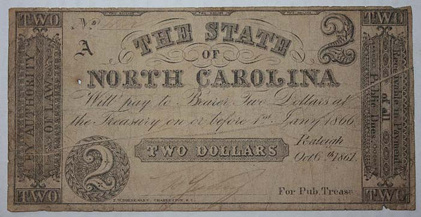 Civil War Dated North Carolina $2 Bill  ~  TL7991  $40