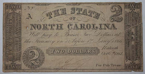 Civil War Dated North Carolina $2 Bill  ~  TL7991  $40
