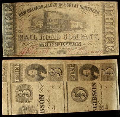 New Orleans, Jackson & Great Northern Railroad Company $3 Bill Dated Nov 1861