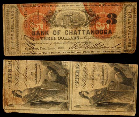 $3 Bank Of Chattanooga Note Printed On The Backs Of Obsolete $5 Bank Notes