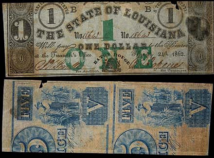 Civil War Era Louisiana $1 Bill Printed On The Backs Of Recycled $5 Mississippi Notes