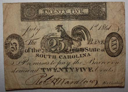South Carolina Rooster Note War Dated July 1, 1861